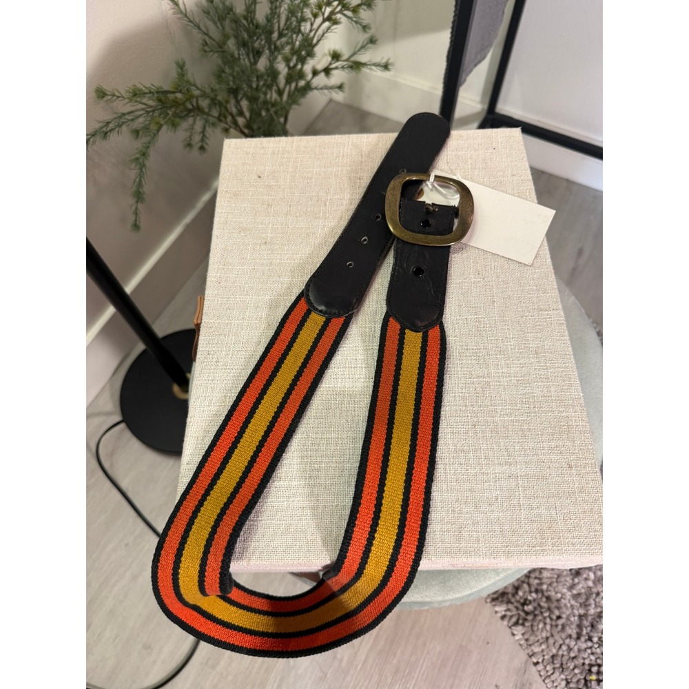 Vintage Style Striped Canvas Leather Belt Black Orange Yellow Brass Buckle 40in
